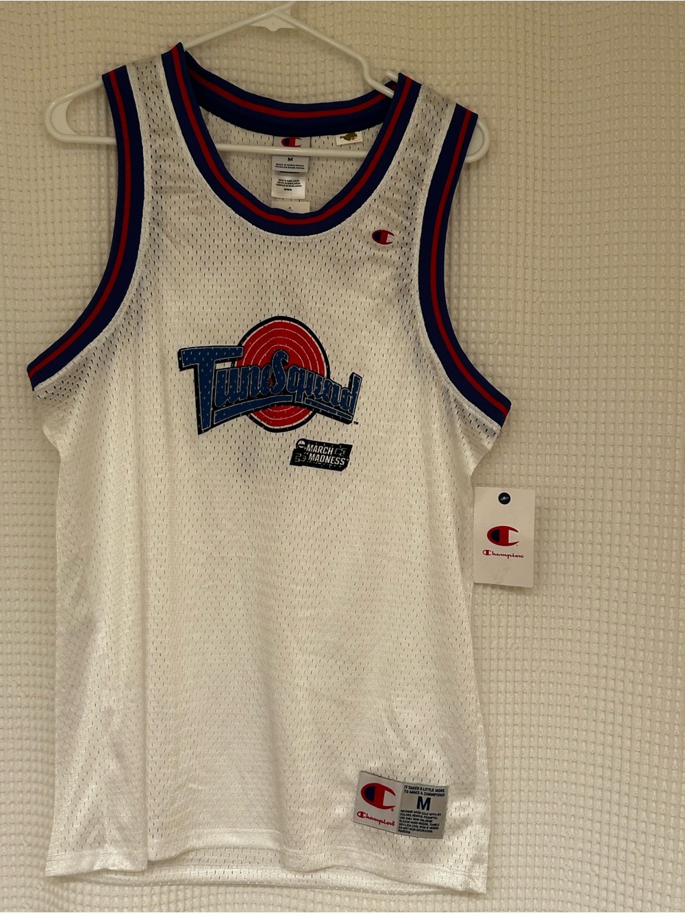 Champion White TuneSquad Kids Basketball Jersey with Red & Blue Trim